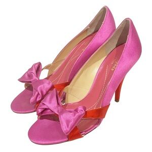 kate spade fuchsia satin peep-toe pumps with red accent strap